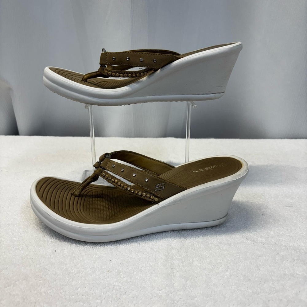 Skechers Cali Beverly Wedge Sandals Tan Rhinestone Thong